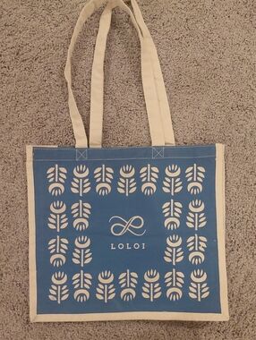 LOLOI Blue and Cream Canvas Tote with Floral Motif